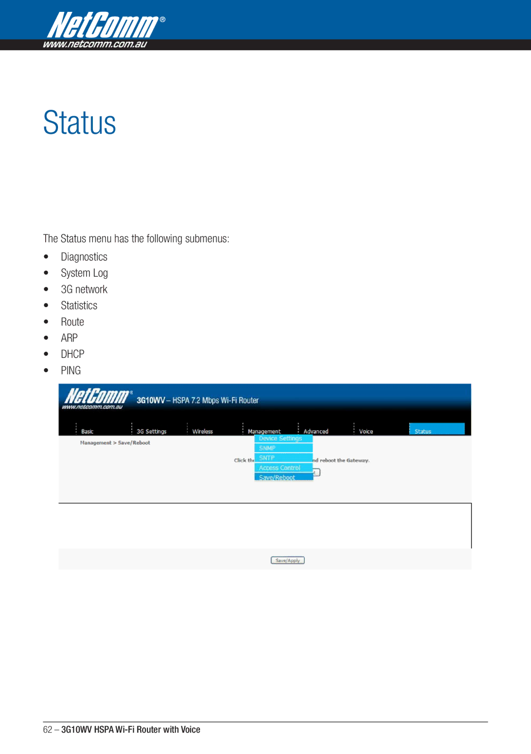 NordicTrack 3G10WV manual Status 