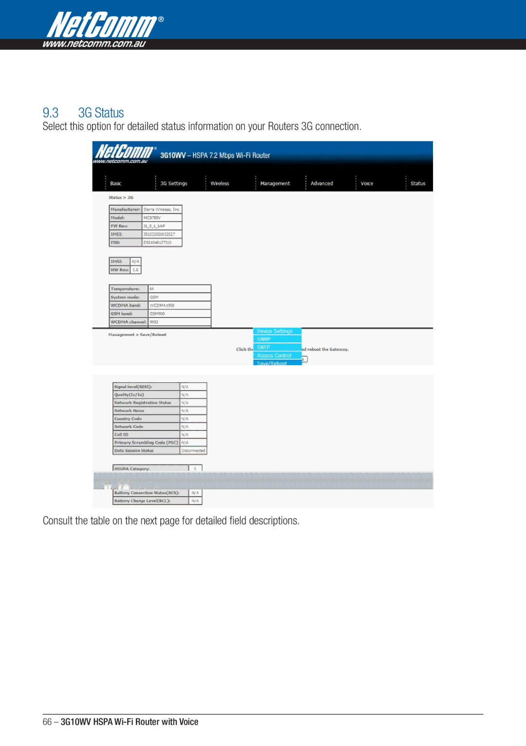 NordicTrack 3G10WV manual 3G Status 