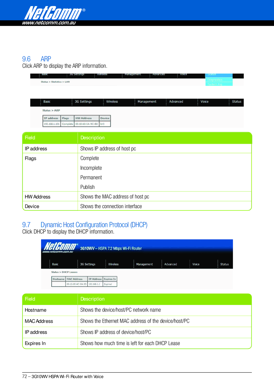 NordicTrack 3G10WV manual Arp, Dynamic Host Configuration Protocol Dhcp, Click ARP to display the ARP information 