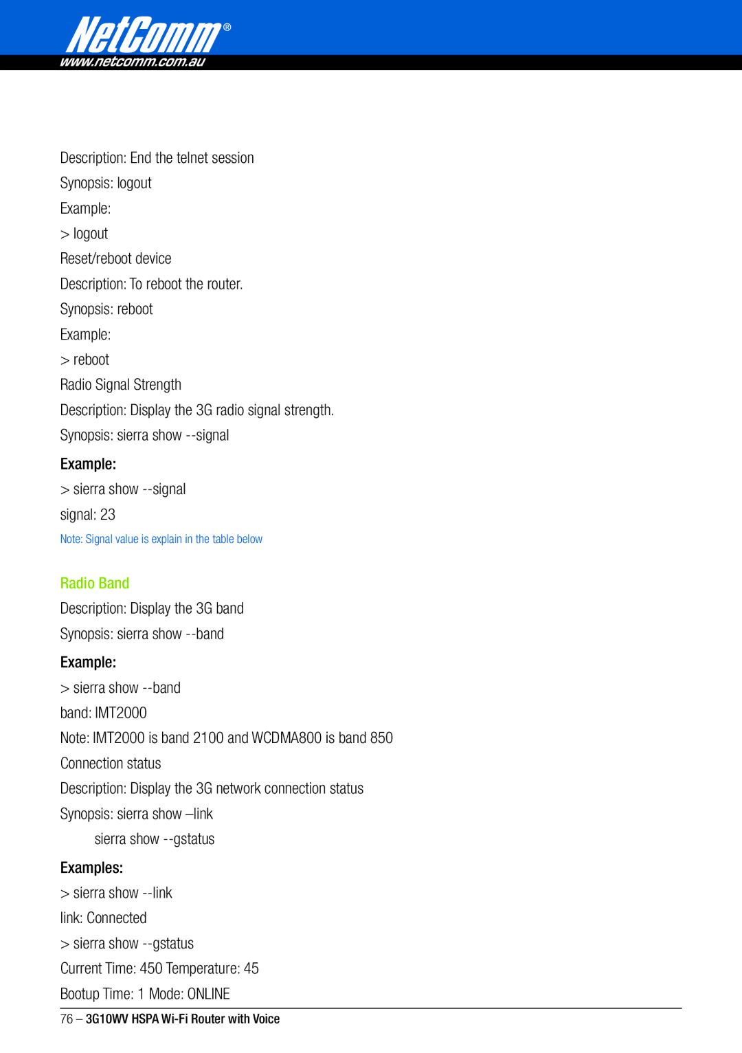 NordicTrack 3G10WV manual Description Display the 3G network connection status, Examples 