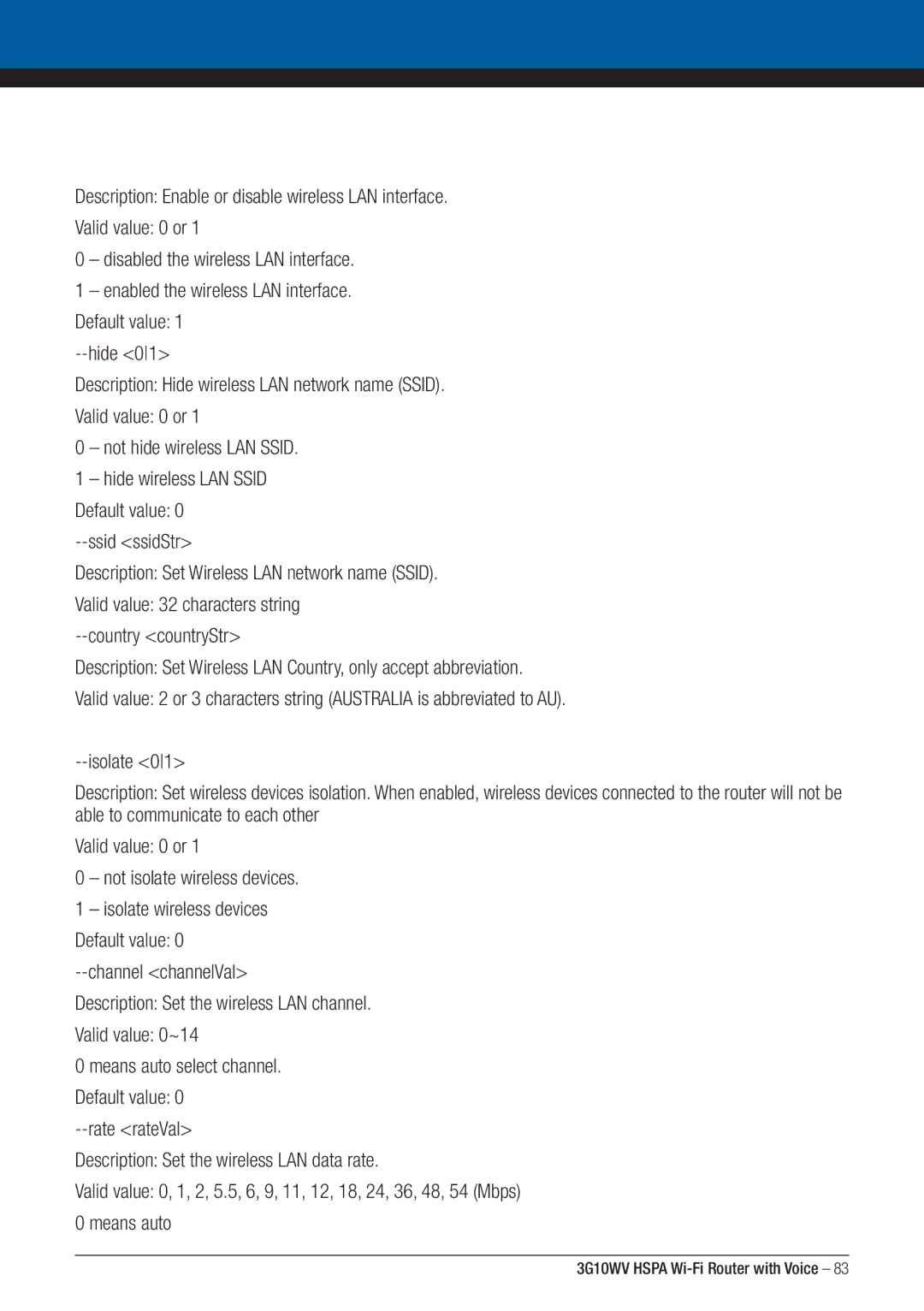 NordicTrack 3G10WV Description Set the wireless LAN channel Valid value 0~14, Means auto select channel. Default value 