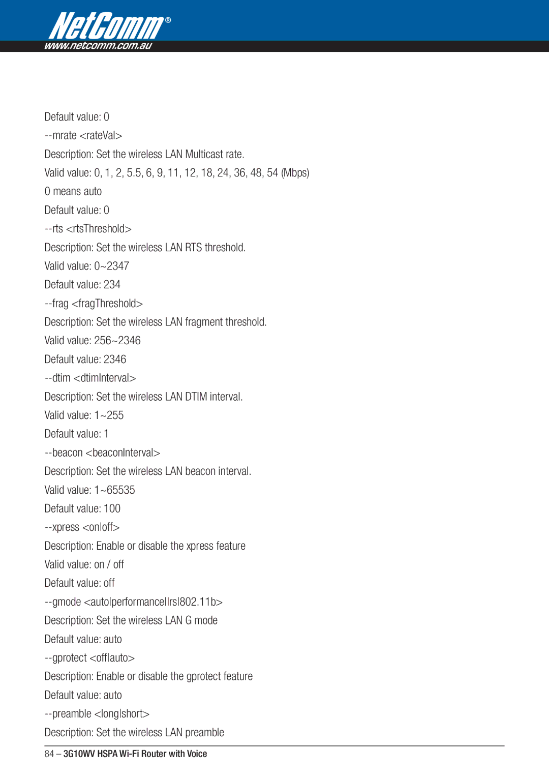 NordicTrack 3G10WV manual Default value 0 --mrate rateVal, Default value 2346 --dtim dtimInterval 