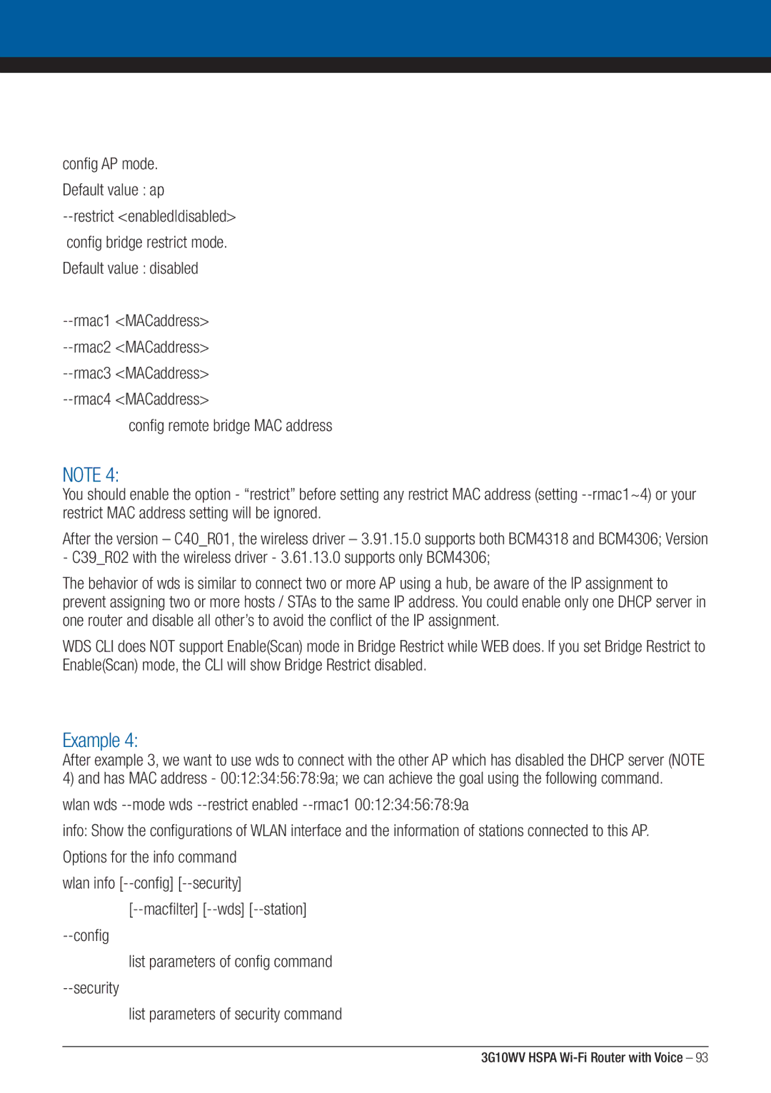 NordicTrack 3G10WV manual Wlan info --config --security --macfilter --wds --station 