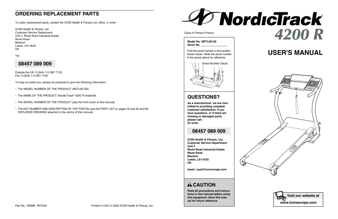 NordicTrack 4200 R user manual Ordering Replacement Parts, Questions?, Model No. NETL92130 Serial No 