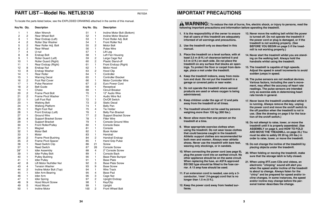 NordicTrack 4200 R user manual Important Precautions, R0703A 