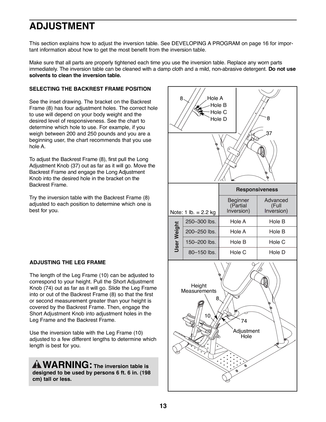 NordicTrack 831.14595.5 user manual Adjustment, Selecting the Backrest Frame Position, Adjusting the LEG Frame 