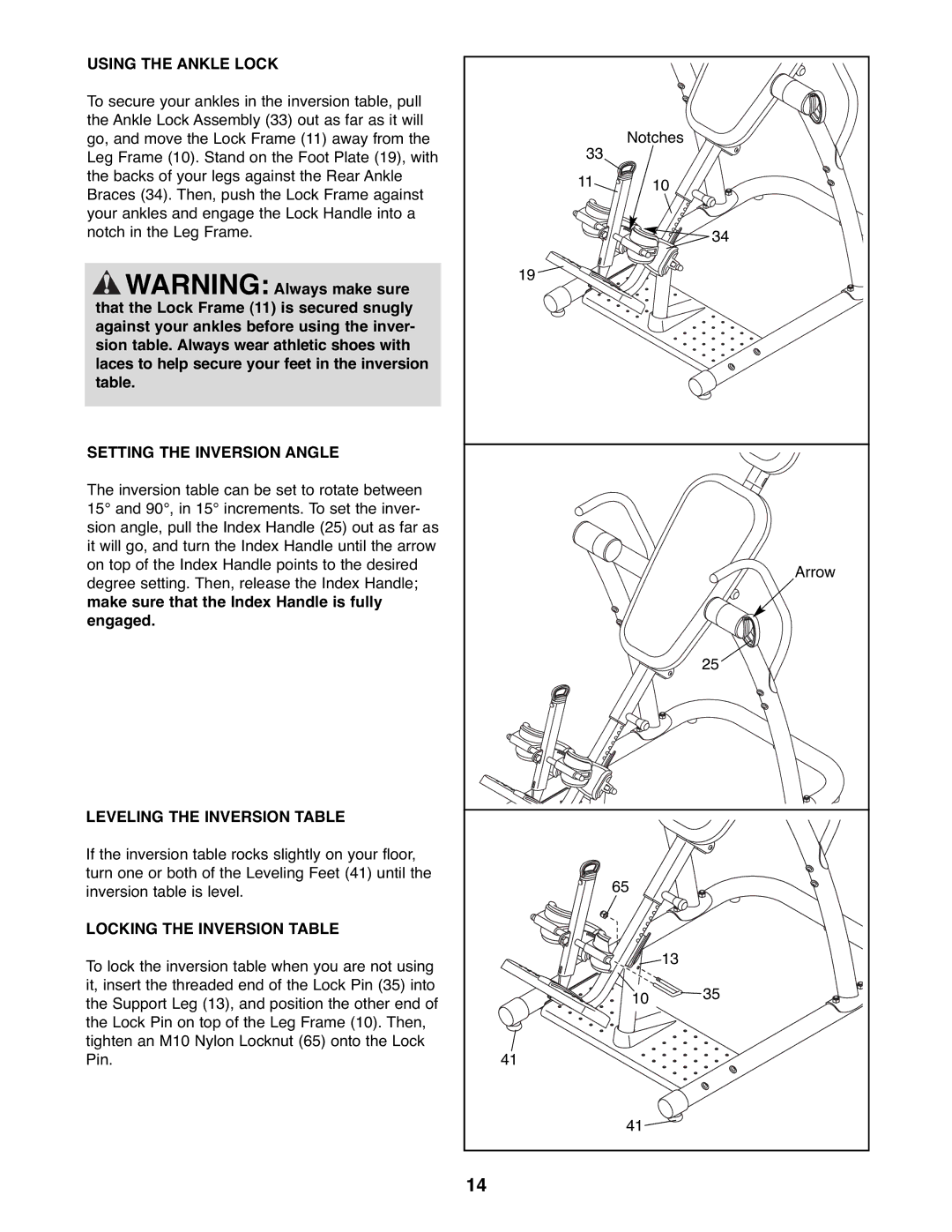 NordicTrack 831.14595.5 user manual Using the Ankle Lock, Setting the Inversion Angle, Leveling the Inversion Table 