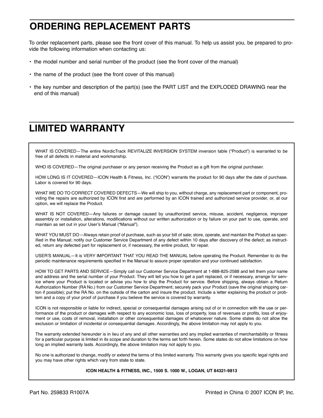 NordicTrack 831.14595.5 user manual Ordering Replacement Parts, Limited Warranty 