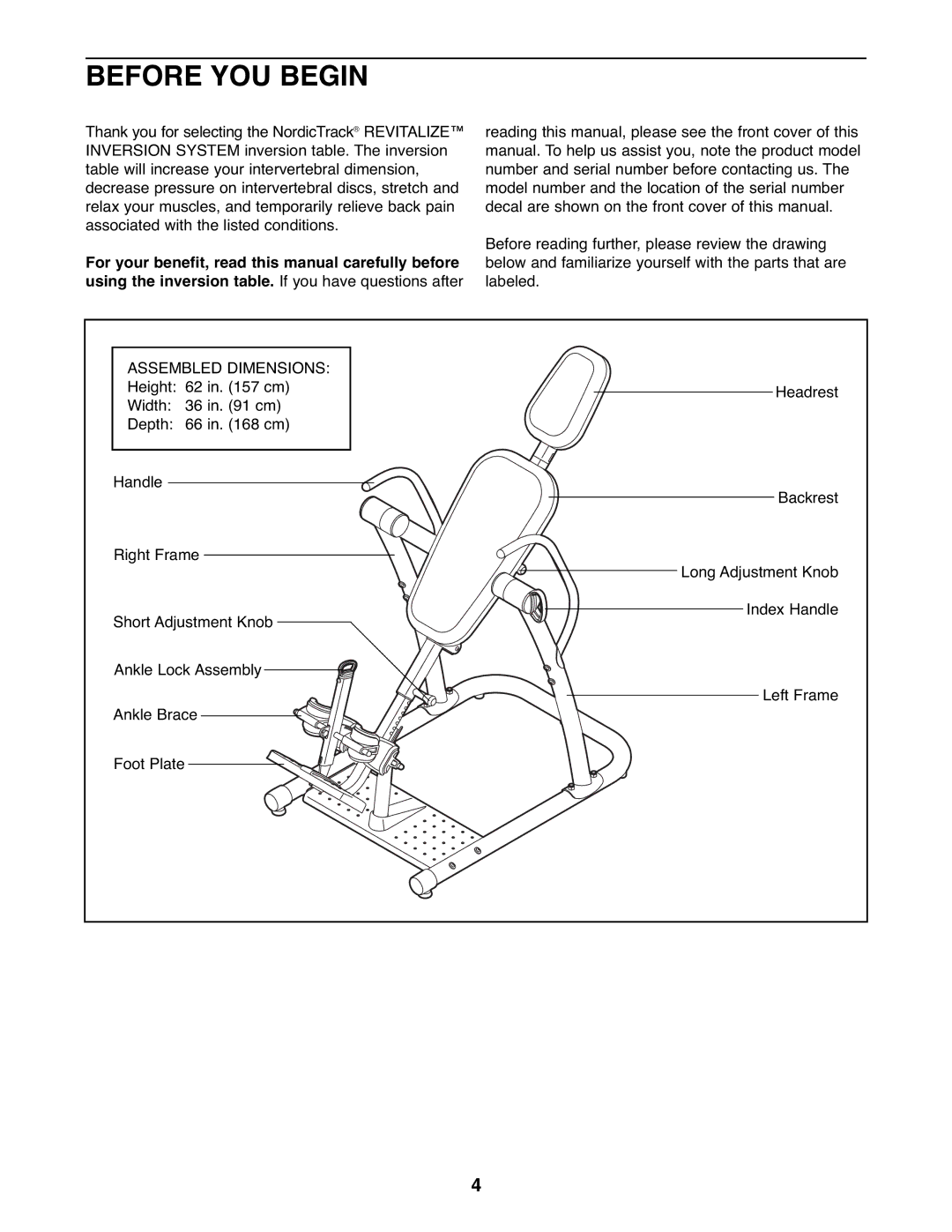 NordicTrack 831.14595.5 user manual Before YOU Begin, Assembled Dimensions 