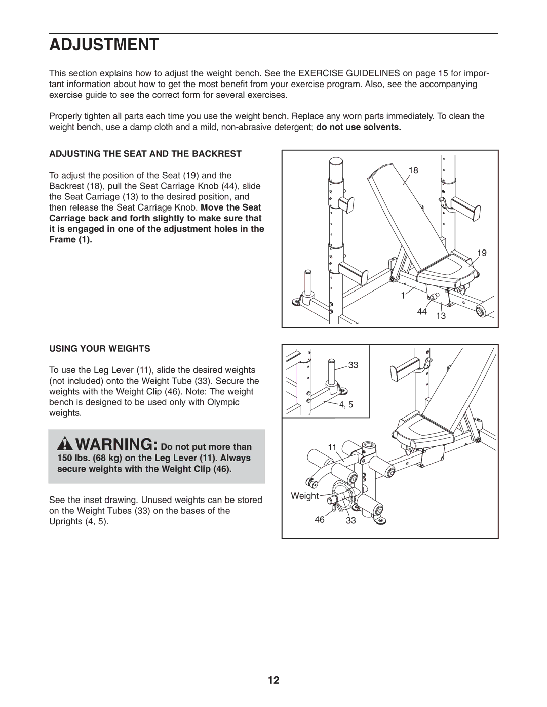 NordicTrack 831.15718.0 user manual Adjustment, Adjusting the Seat and the Backrest, Using Your Weights 