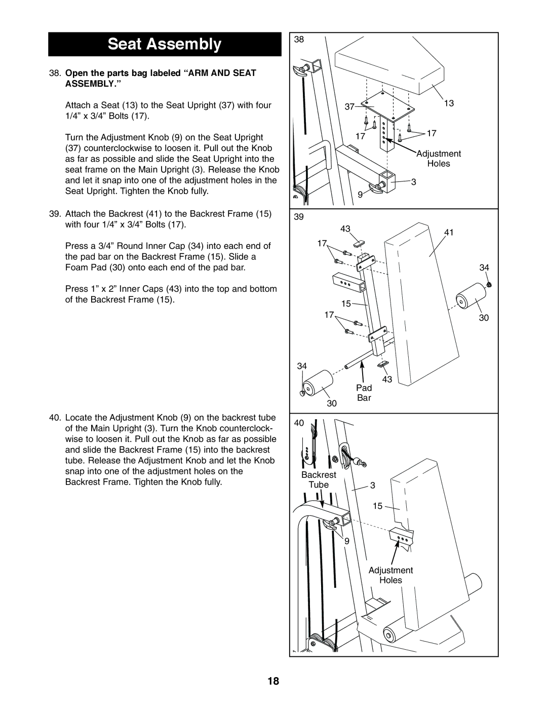 NordicTrack 831.159760 user manual Open the parts bag labeled ARM and Seat Assembly 