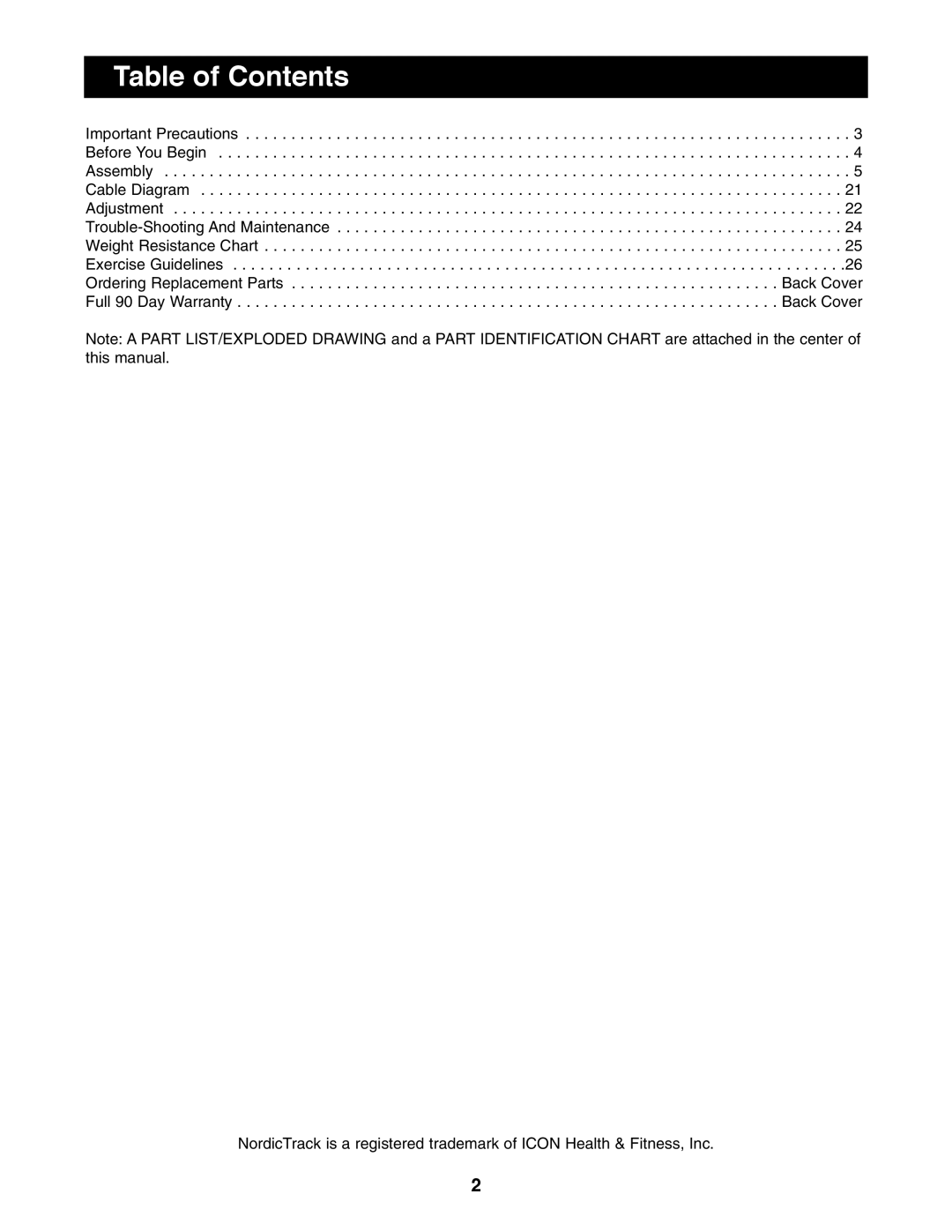 NordicTrack 831.159760 user manual Table of Contents 