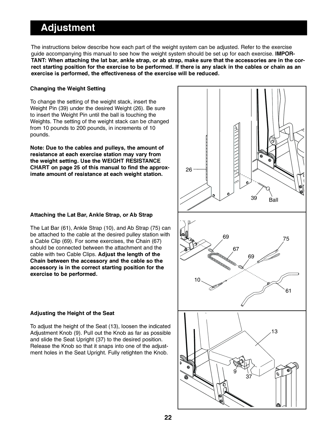 NordicTrack 831.159760 user manual Adjustment, Attaching the Lat Bar, Ankle Strap, or Ab Strap 