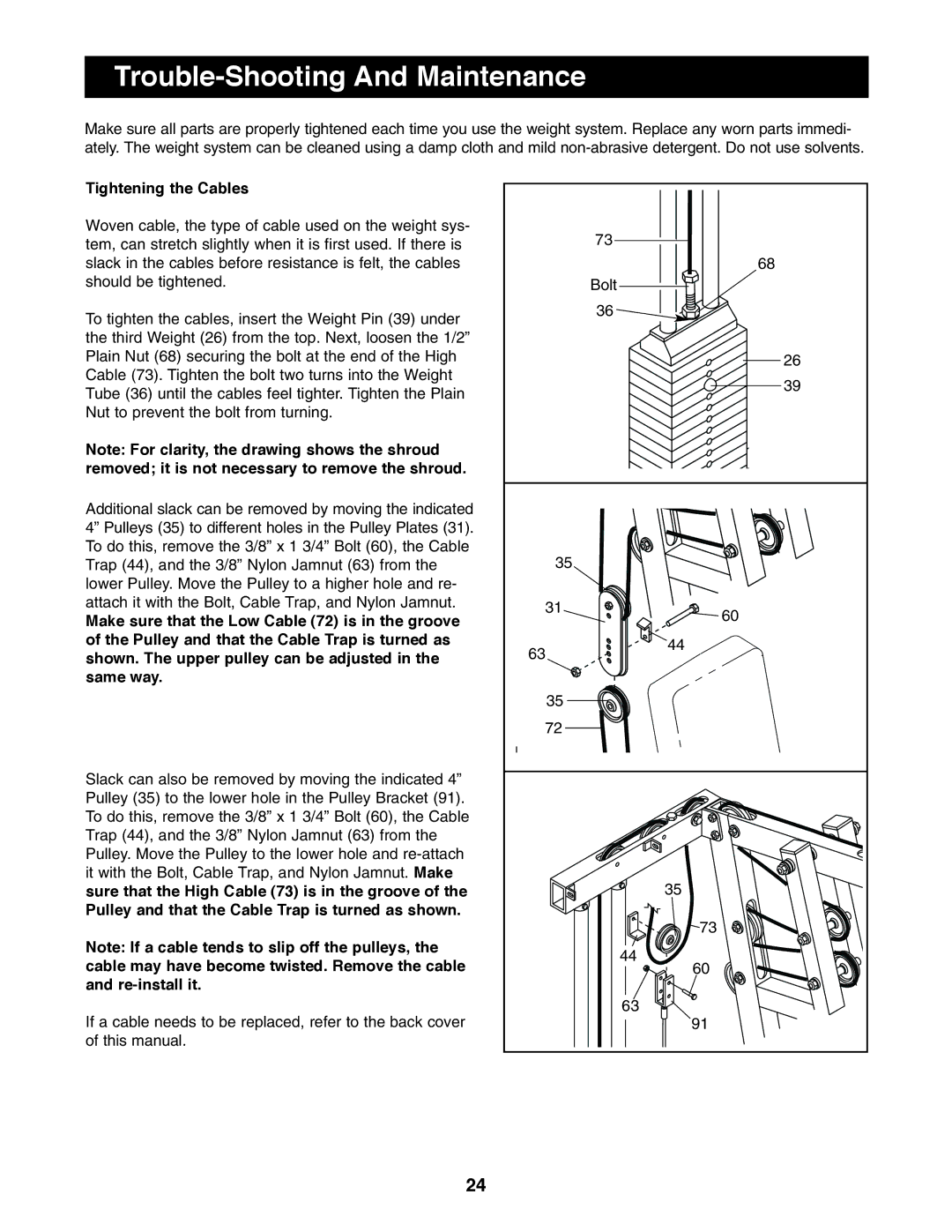 NordicTrack 831.159760 user manual Trouble-Shooting And Maintenance, Tightening the Cables 