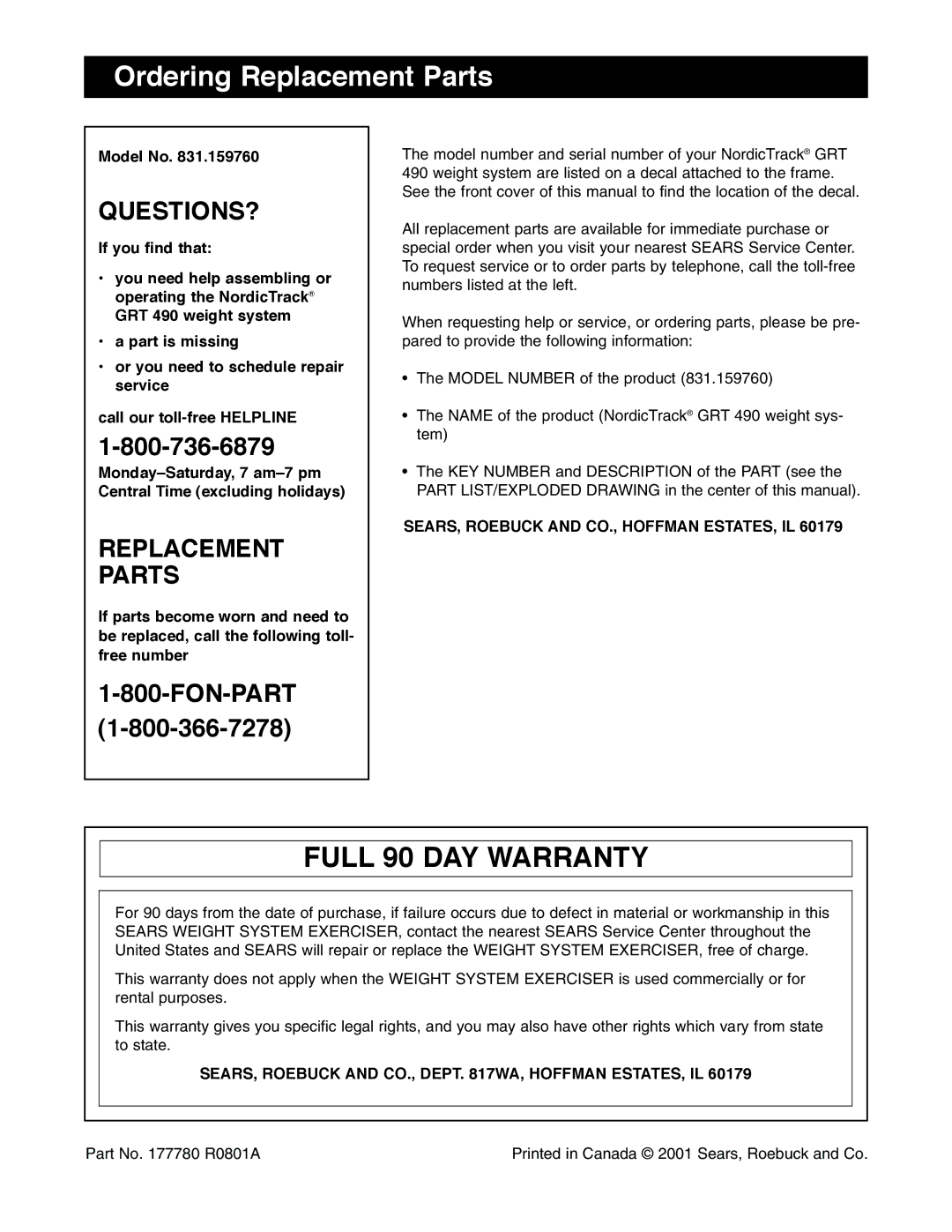 NordicTrack 831.159760 user manual Ordering Replacement Parts, Model No 