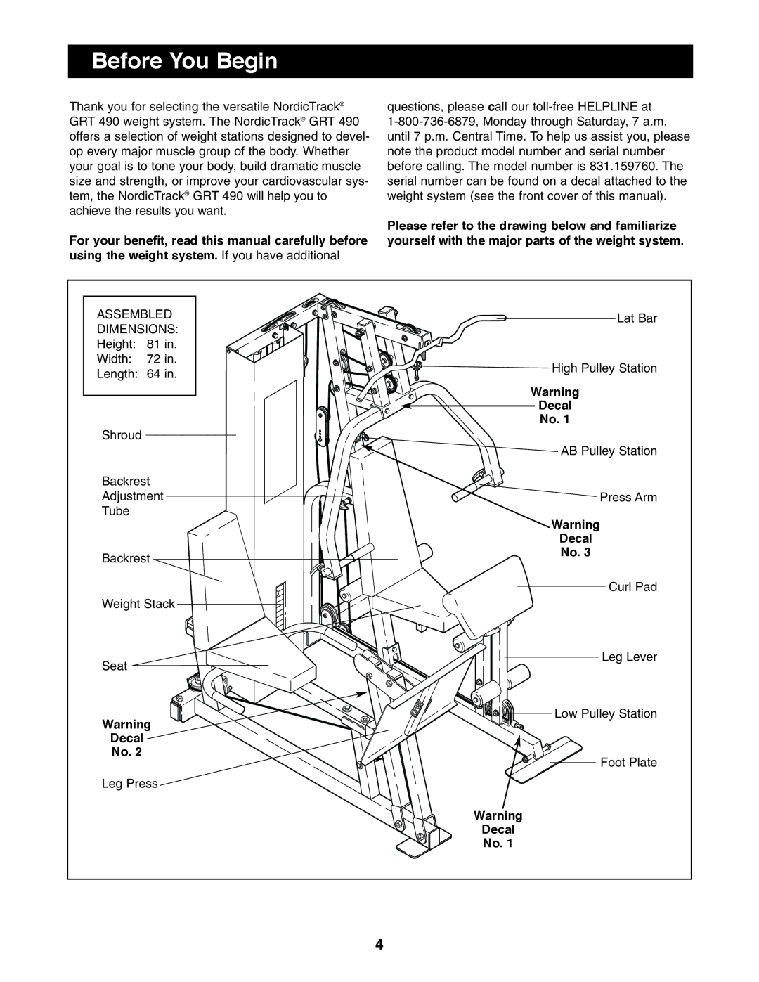 NordicTrack 831.159760 user manual Before You Begin, Decal 