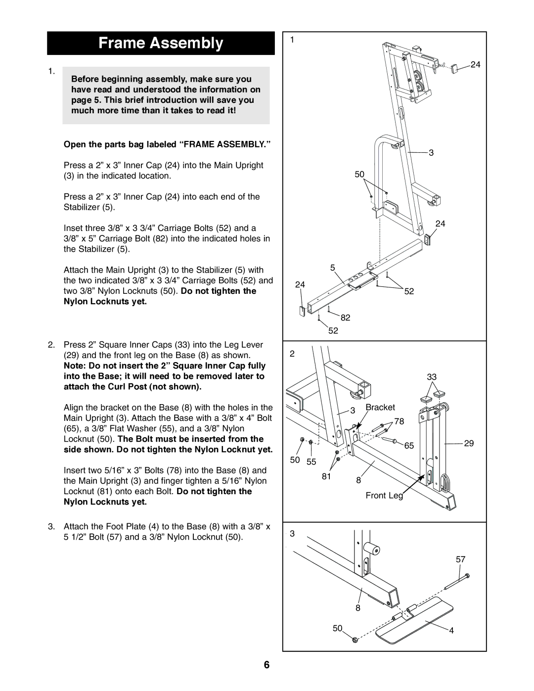 NordicTrack 831.159760 user manual Frame Assembly, Nylon Locknuts yet 