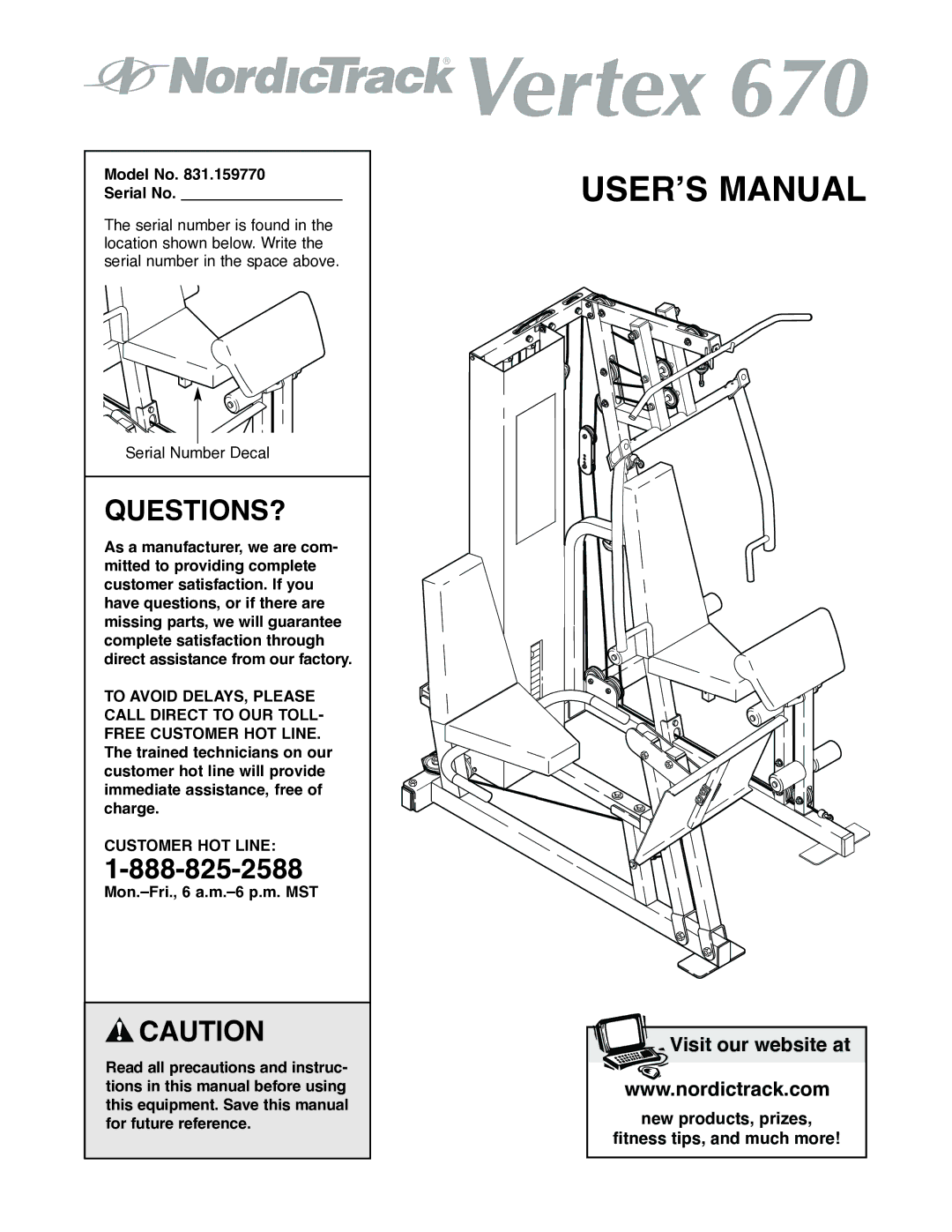 NordicTrack 831.159770 user manual Questions?, Model No Serial No, Customer HOT Line 