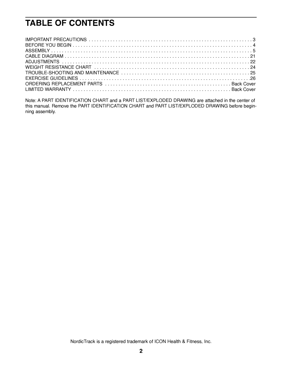 NordicTrack 831.159770 user manual Table of Contents 