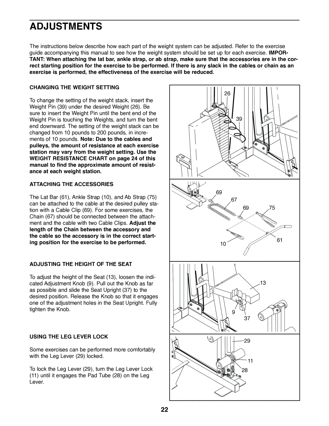 NordicTrack 831.159770 Adjustments, Changing the Weight Setting, Attaching the Accessories, Using the LEG Lever Lock 