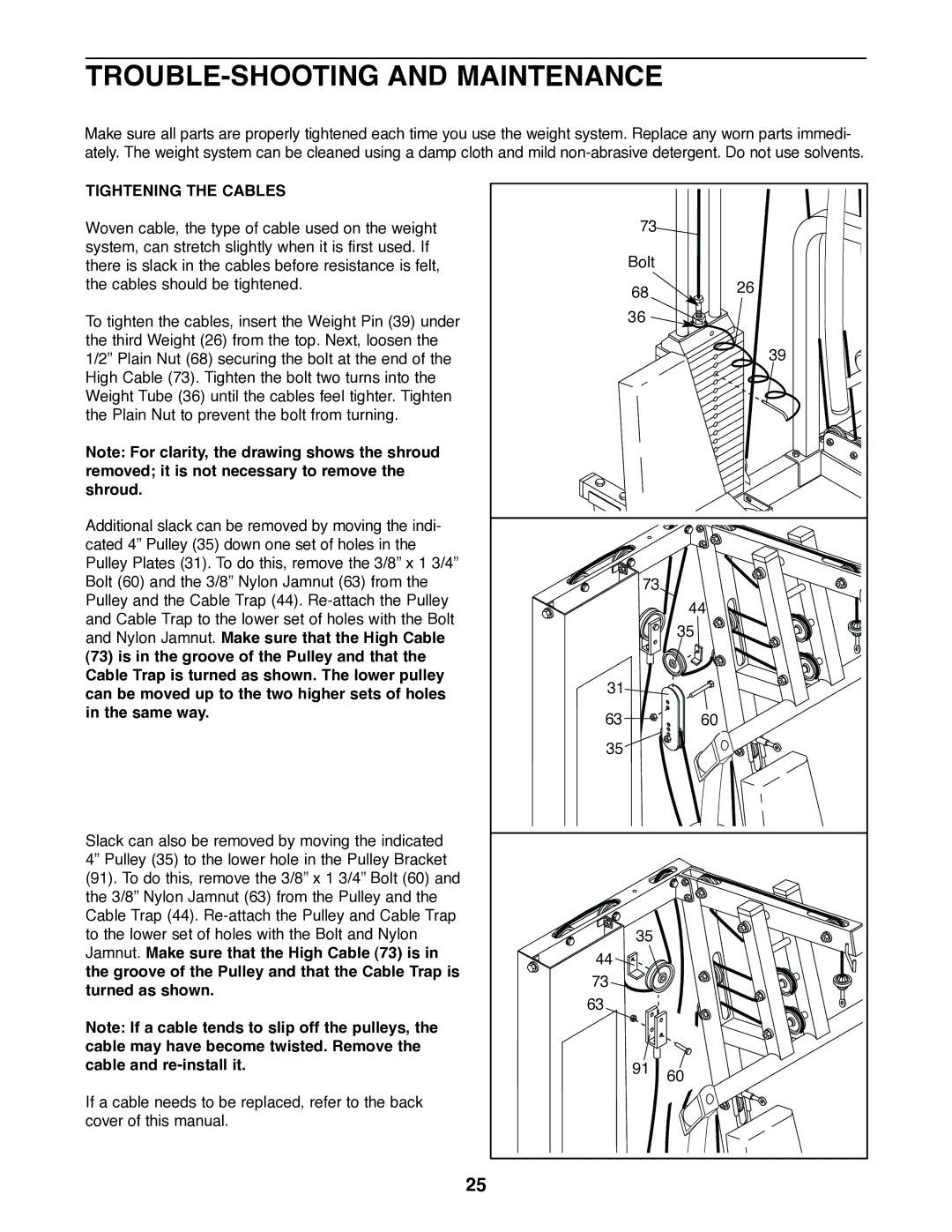 NordicTrack 831.159770 user manual TROUBLE-SHOOTING and Maintenance, Tightening the Cables 