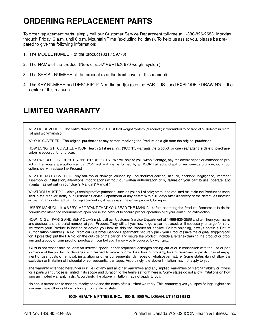 NordicTrack 831.159770 user manual Ordering Replacement Parts, Limited Warranty 