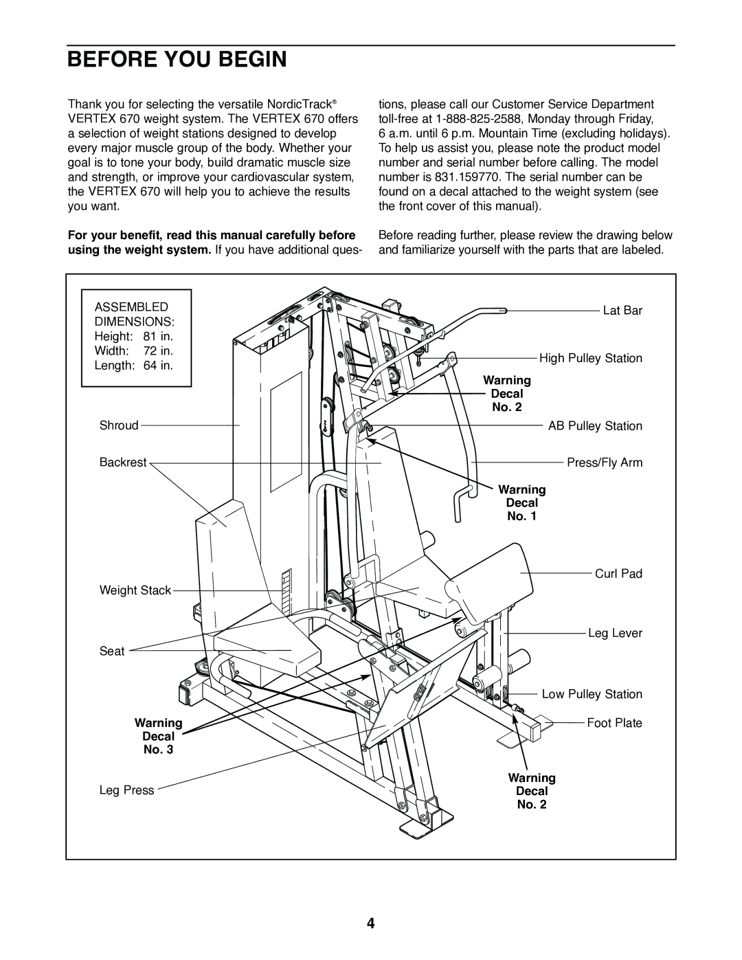 NordicTrack 831.159770 user manual Before YOU Begin, Decal 