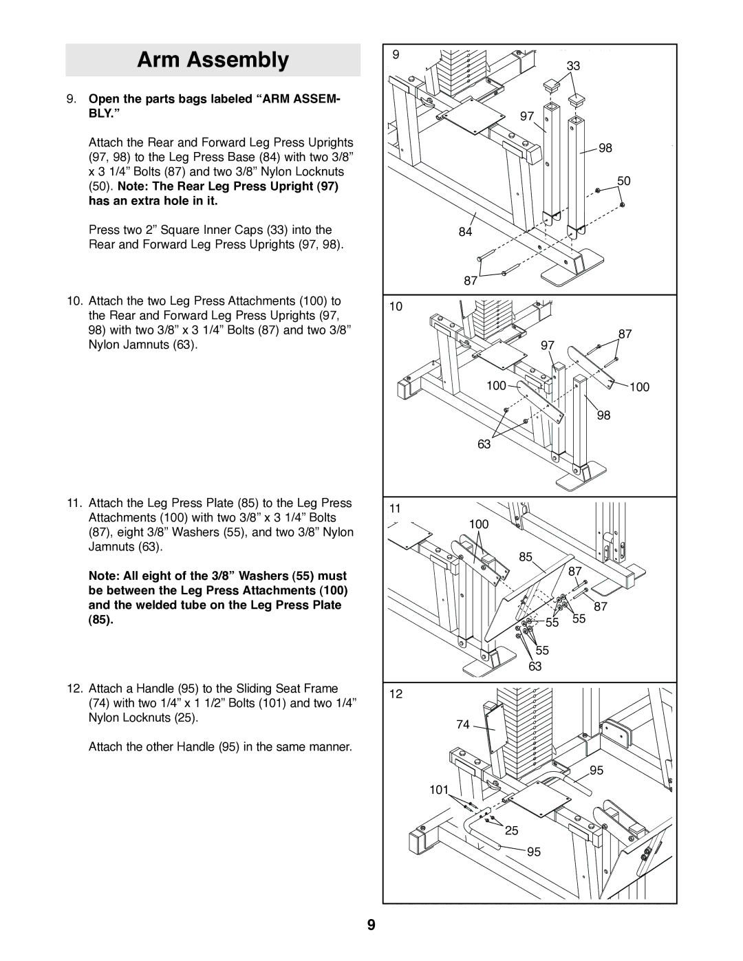 NordicTrack 831.159770 user manual Arm Assembly, Open the parts bags labeled ARM Assem, Bly, Has an extra hole in it 