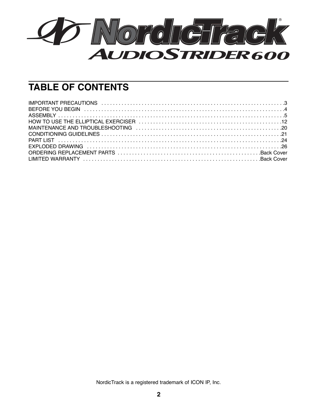 NordicTrack 831.23665.2 user manual Table of Contents 