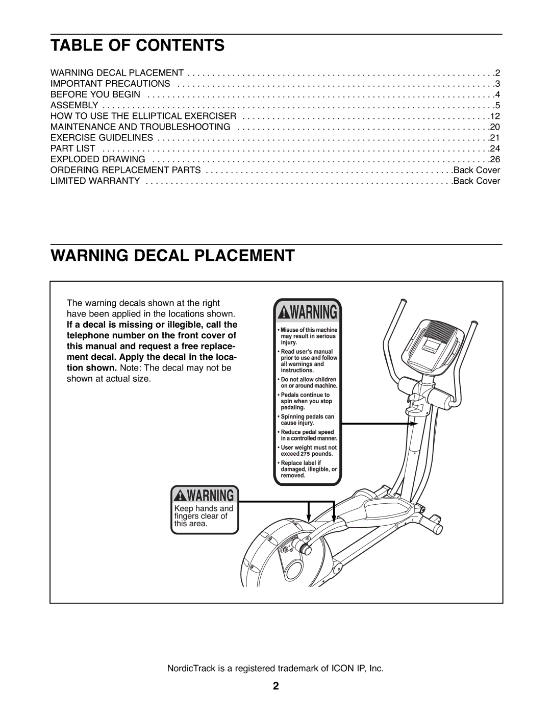 NordicTrack 831.23765.0 user manual Table of Contents 