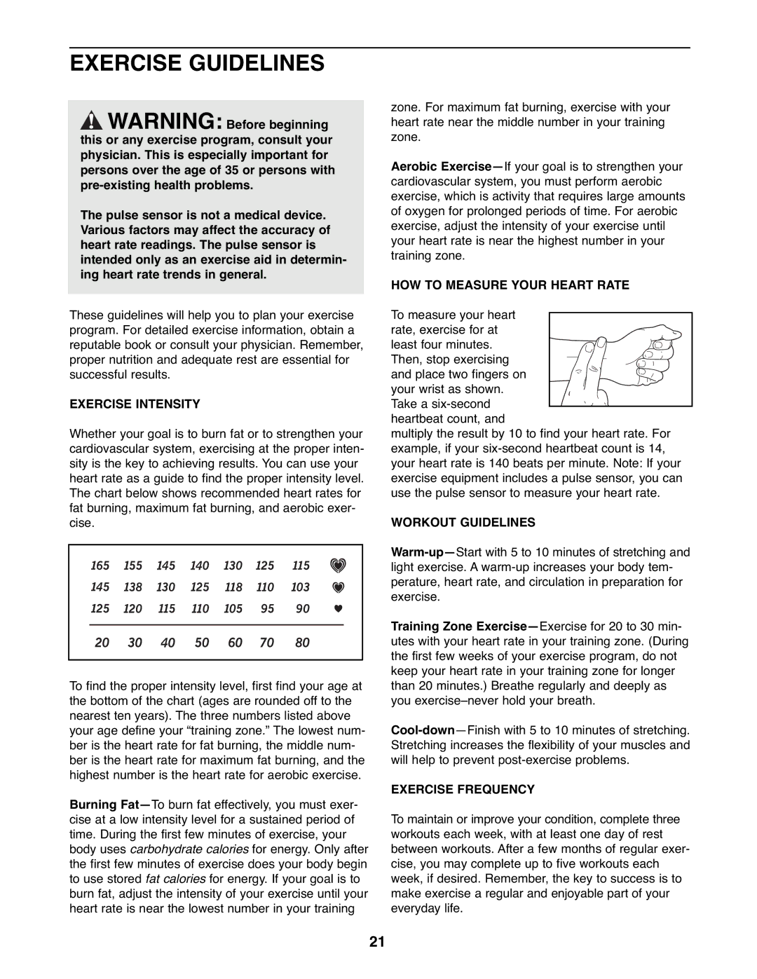 NordicTrack 831.23765.0 Exercise Guidelines, Exercise Intensity, HOW to Measure Your Heart Rate, Workout Guidelines 