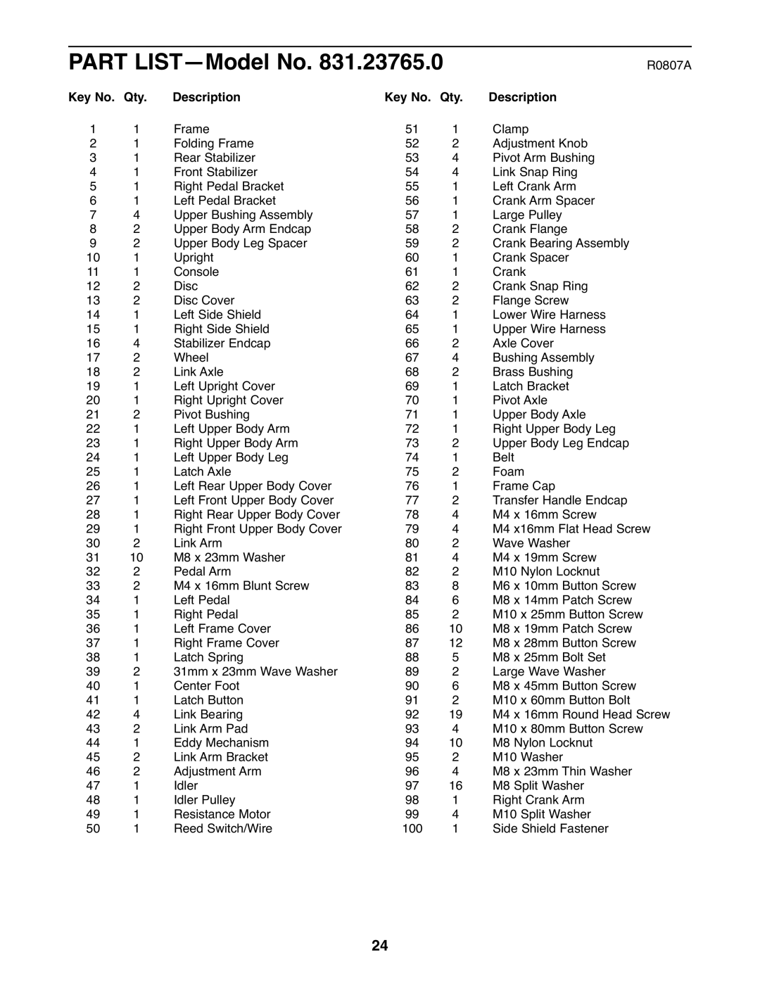 NordicTrack 831.23765.0 user manual Part LIST-Model No, Key No. Qty Description 