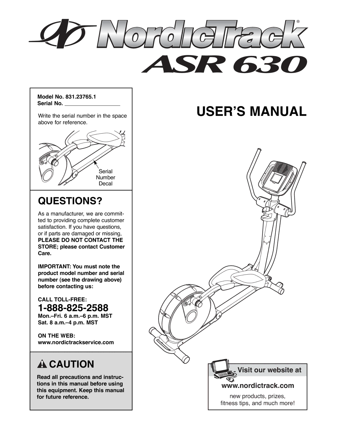 NordicTrack 831.23765.1 user manual Questions?, Model No Serial No, Call TOLL-FREE 