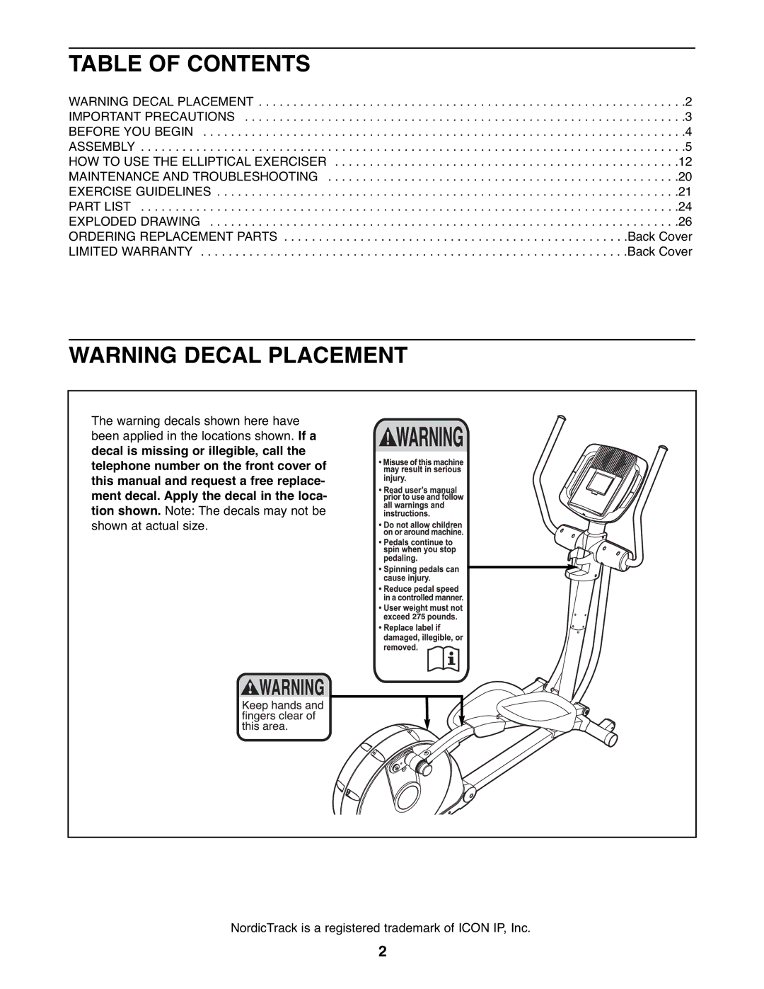 NordicTrack 831.23765.1 user manual Table of Contents 