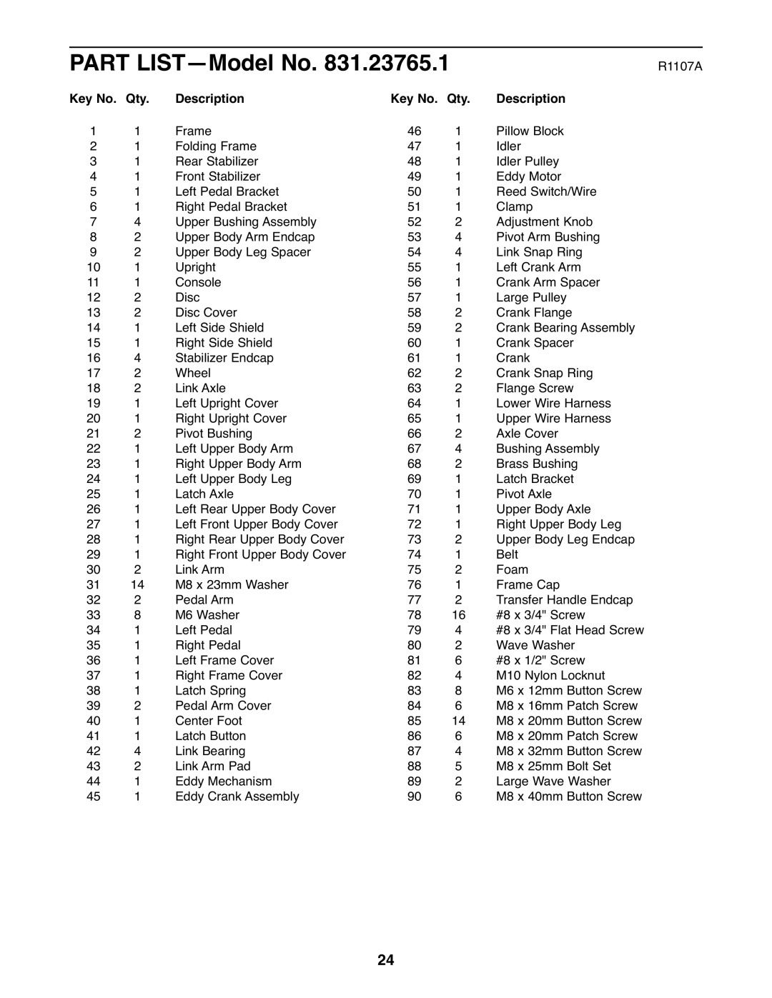 NordicTrack 831.23765.1 user manual Part LIST-Model No, Key No. Qty Description 