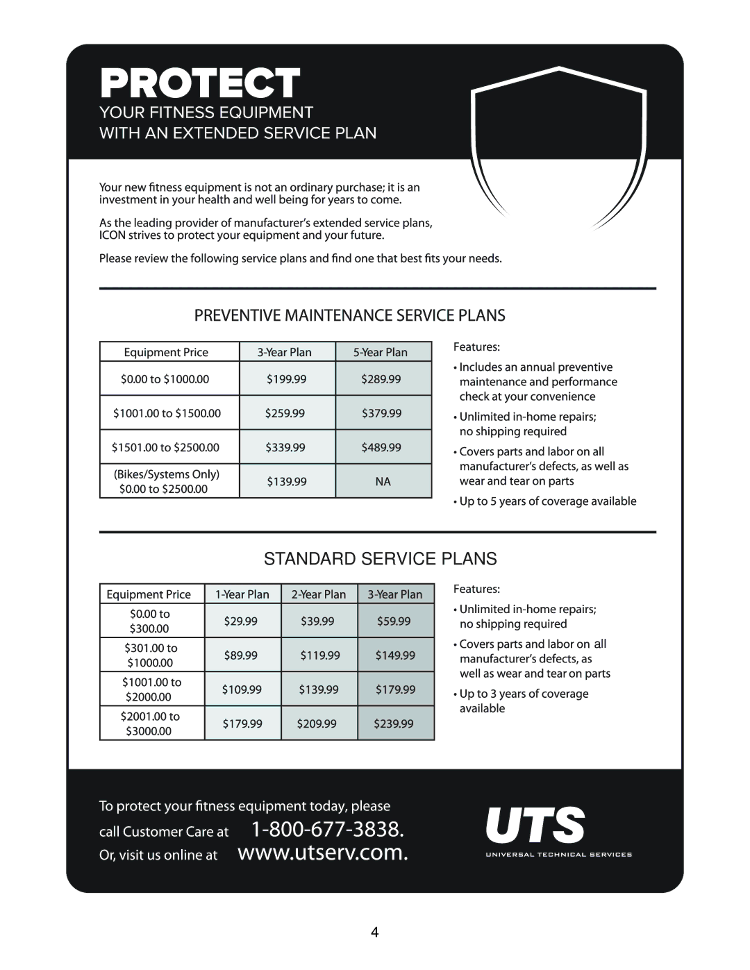 NordicTrack 831_24990.0 manual Standard Service Plans 