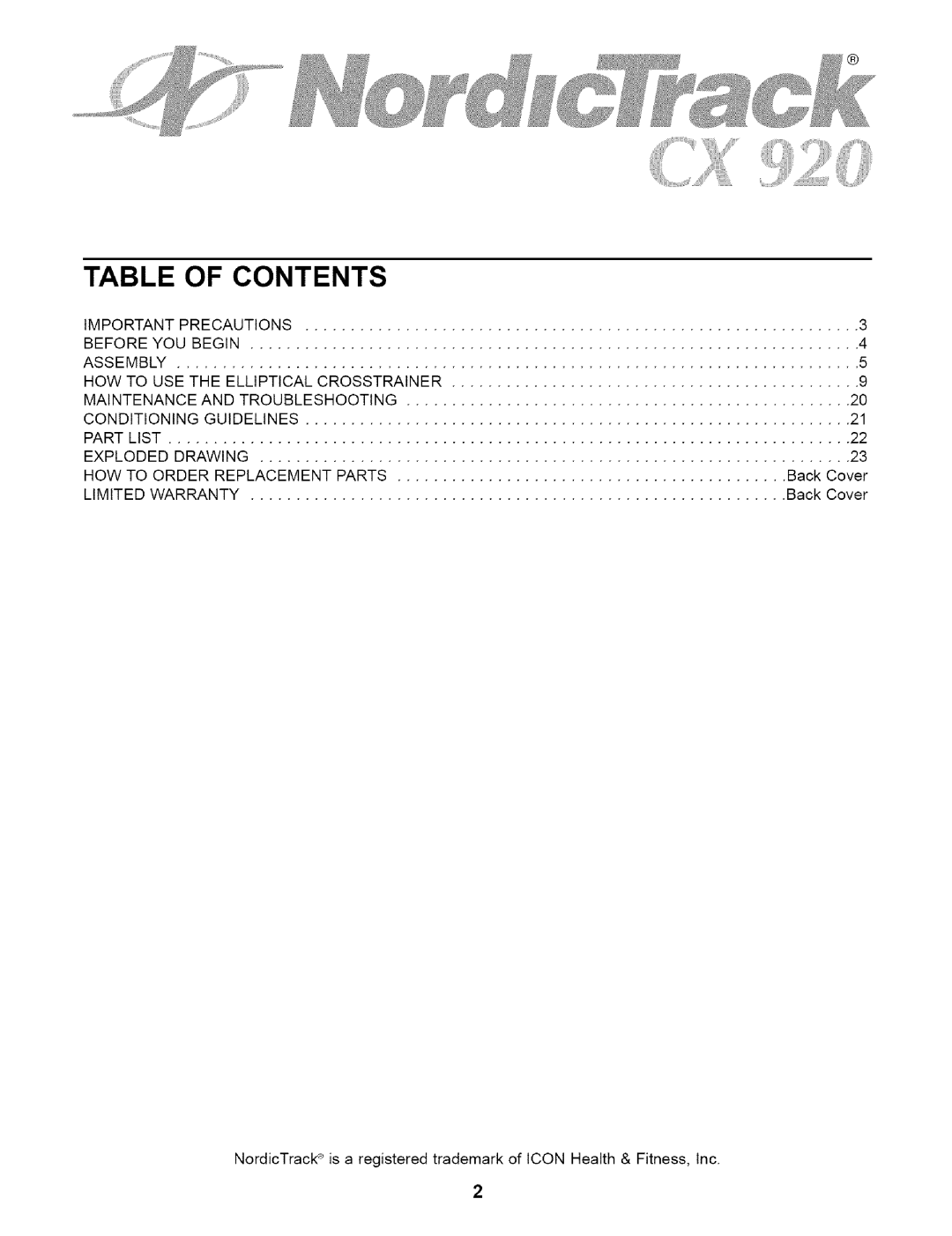 NordicTrack 831.28353 user manual Table of Contents 