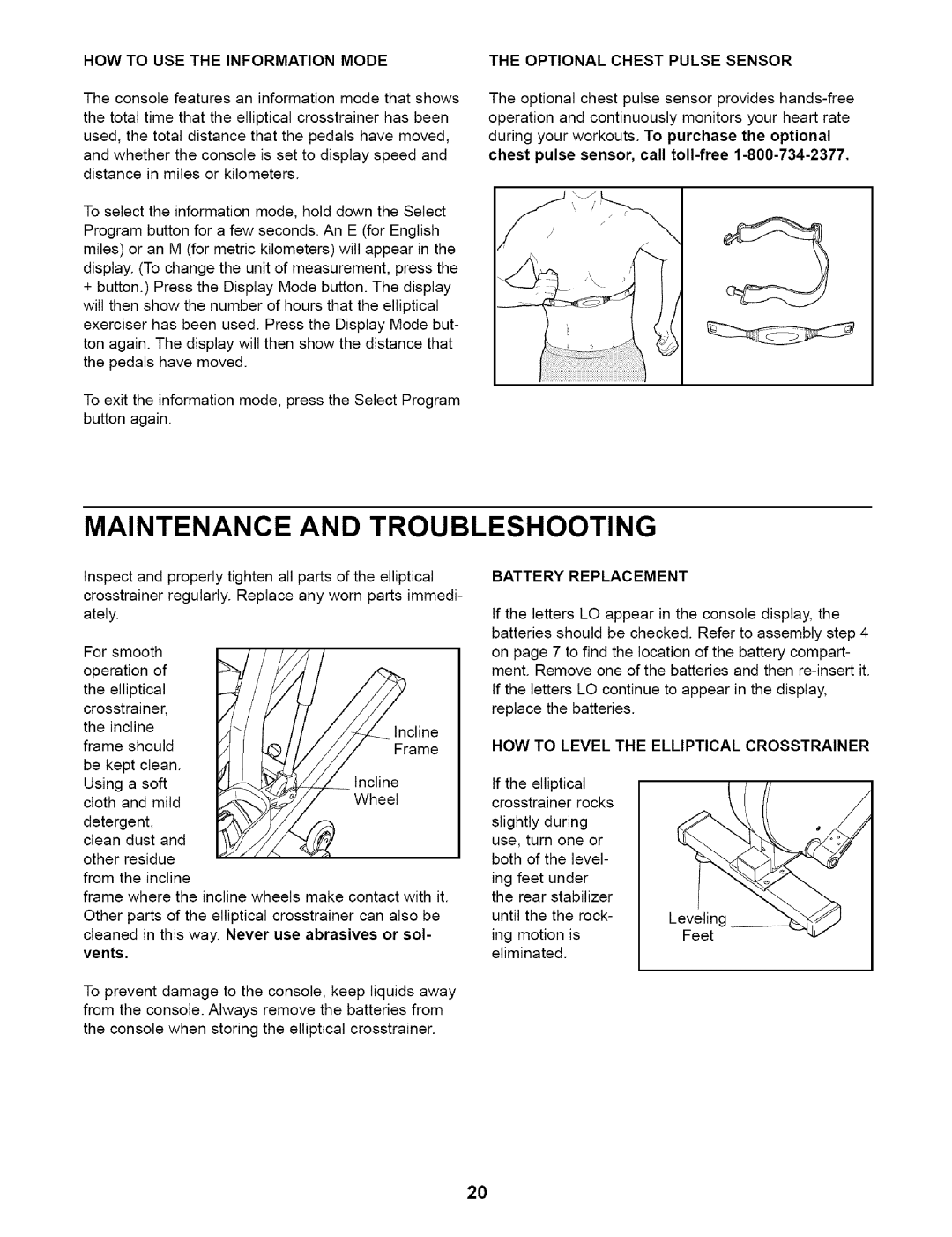 NordicTrack 831.28353 Maintenance and Troubleshooting, HOW to USE the Information Mode, Optional Chest Pulse Sensor 