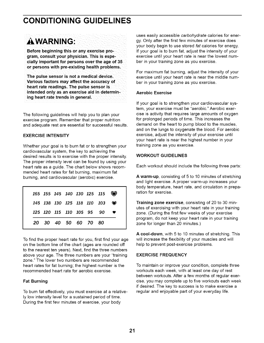 NordicTrack 831.28353 user manual Conditioning Guidelines, Exercise Intensity, Fat Burning, Aerobic Exercise 