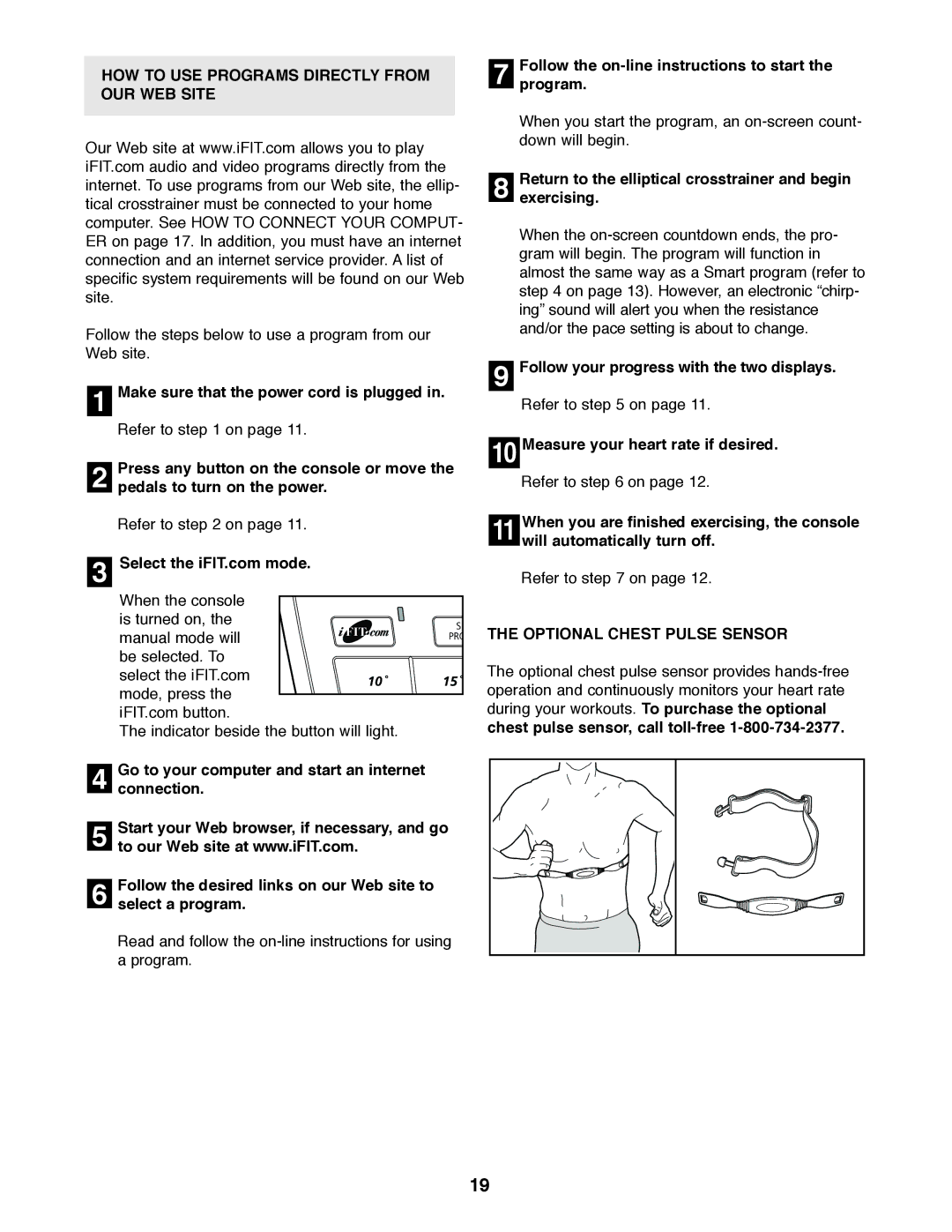 NordicTrack 831.298650 user manual HOW to USE Programs Directly from OUR WEB Site, Optional Chest Pulse Sensor 