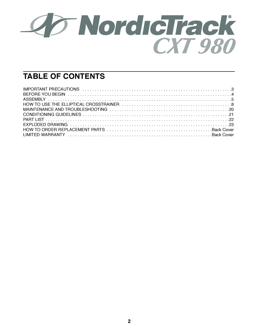 NordicTrack 831.298650 user manual Table of Contents 