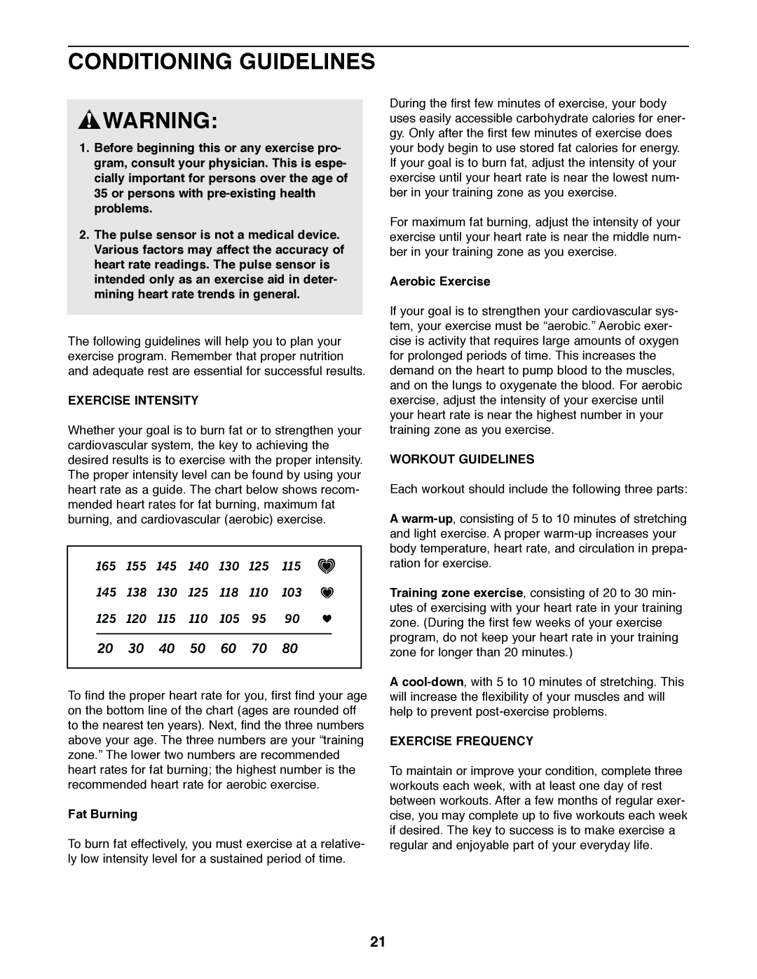 NordicTrack 831.298650 user manual Conditioning Guidelines, Exercise Intensity, Workout Guidelines, Exercise Frequency 