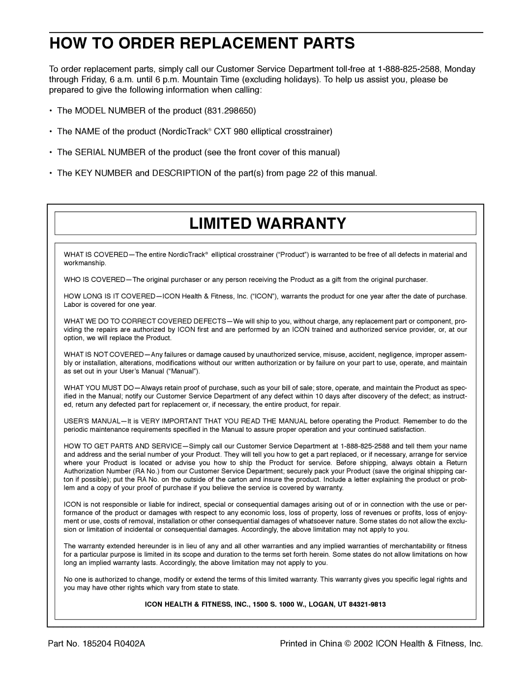 NordicTrack 831.298650 user manual HOW to Order Replacement Parts, Limited Warranty 