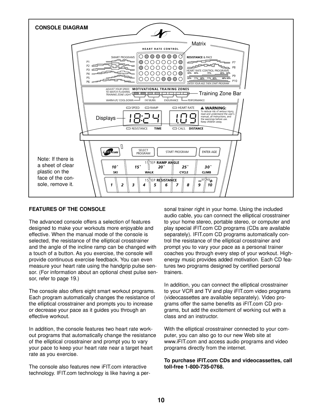 NordicTrack 831.298651 user manual Console Diagram, Matrix Training Zone Bar Displays, Features of the Console 