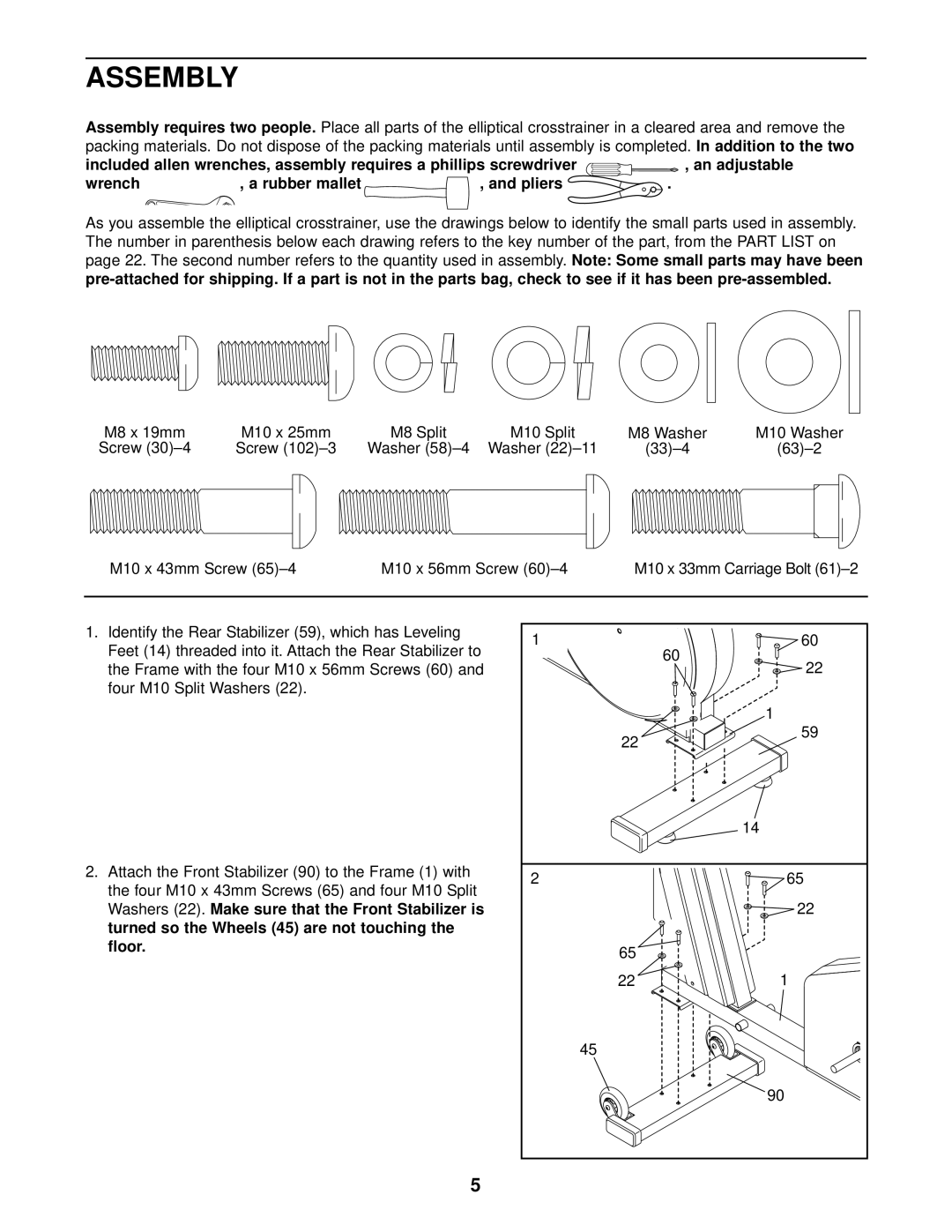 NordicTrack 831.298651 user manual Assembly, Addition to the two, Pliers, Floor 