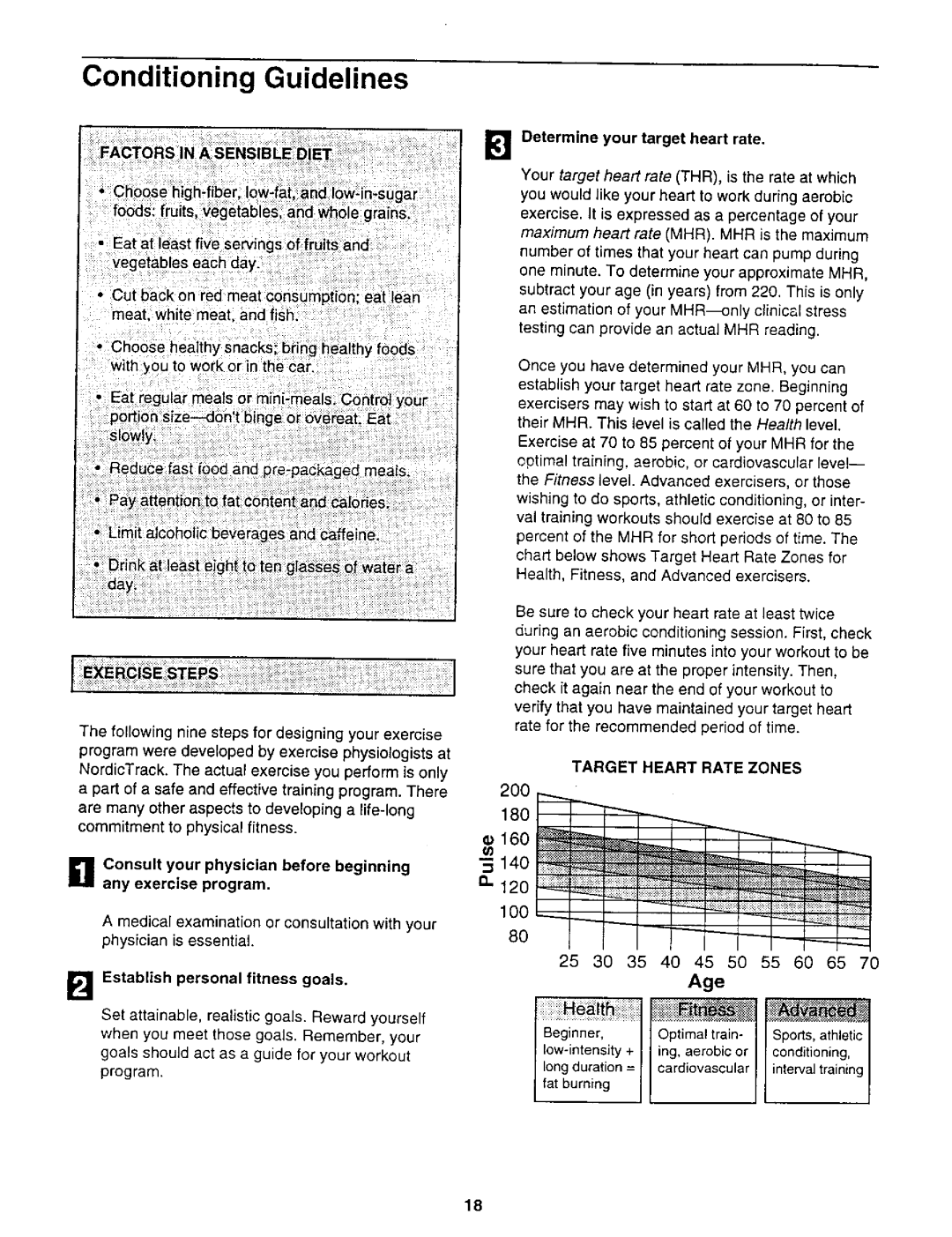 NordicTrack 831.2988 user manual Conditioning Guidelines, Factors in a Sensible Diet, Target Heart Rate Zones 