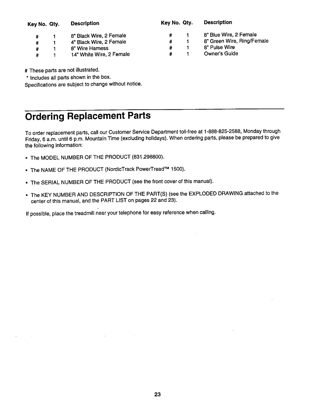 NordicTrack 831.2988 user manual Ordering Replacement Parts 