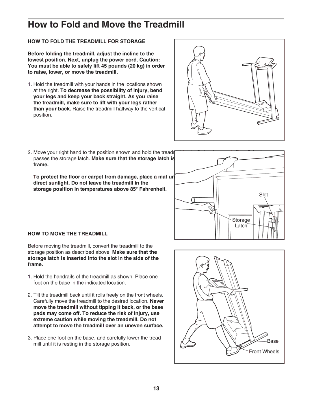 NordicTrack 831.298800 user manual How to Fold and Move the Treadmill, HOW to Fold the Treadmill for Storage 