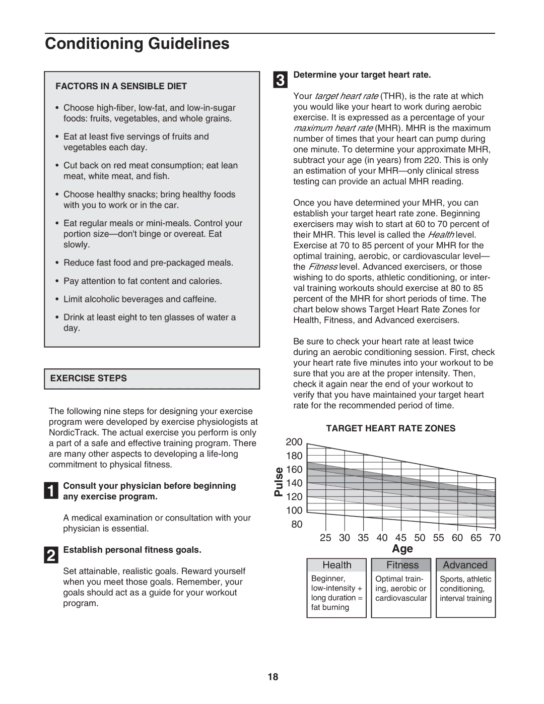 NordicTrack 831.298800 Conditioning Guidelines, Factors in a Sensible Diet, Exercise Steps, Target Heart Rate Zones 