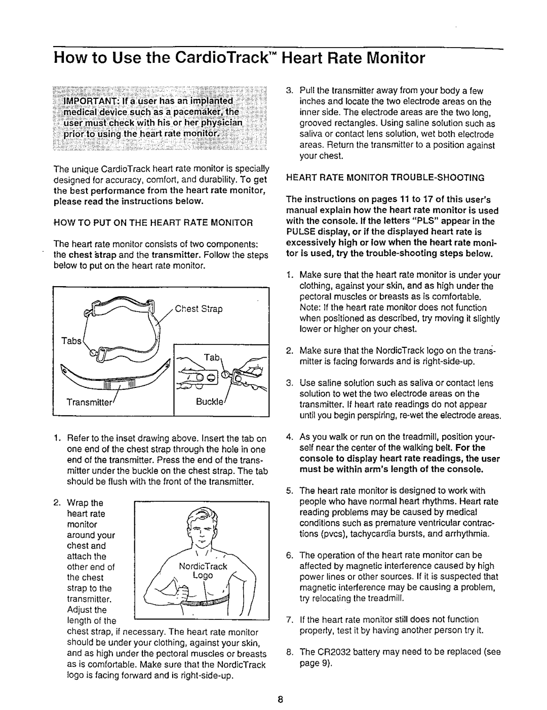 NordicTrack 831.29881 user manual How to Use the CardioTrack Heart Rate Monitor, HOW to PUT on the Heart Rate Monitor 